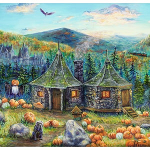 May include: A painting depicting a stone cottage with a thatched roof, surrounded by a forest of pine trees. The cottage is nestled in a valley with a mountain range in the background. Pumpkins are scattered around the cottage and a dog is sitting in front of it.