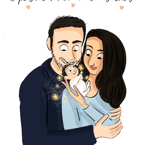 Peut inclure: Un couple tenant un bébé avec une citation en français qui dit "Le plus bel amour, au delà des étoiles".