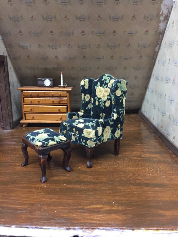 Miniature High End Floral Queen Anne Wing Back Chair And Foot Stool