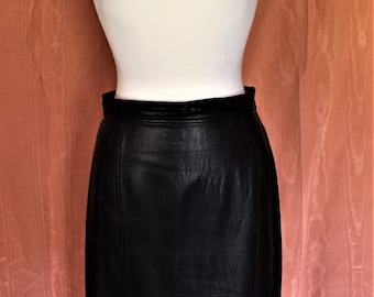 80's Knee Length Black Leather Skirt size 12