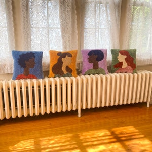 Colorful Gals Tufted Pillows Woman Portrait Silhouette Unique Handmade Home Decor Ready to Ship image 1