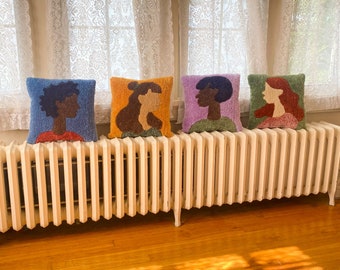 Colorful Gals Tufted Pillows | Woman Portrait Silhouette | Unique Handmade Home Decor | Ready to Ship