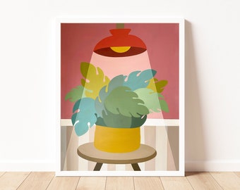 Houseplant Under Light - Print | 11x14 Colorful Wall Art | Contemporary Home Decor