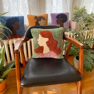 Colorful Gals Tufted Pillows Woman Portrait Silhouette Unique Handmade Home Decor Ready to Ship green
