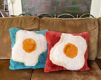 Fried Egg Tufted Pillow | 14 x 14 in Tufted Throw Pillow RED or BLUE | Modern Home Decor | Made-To-Order