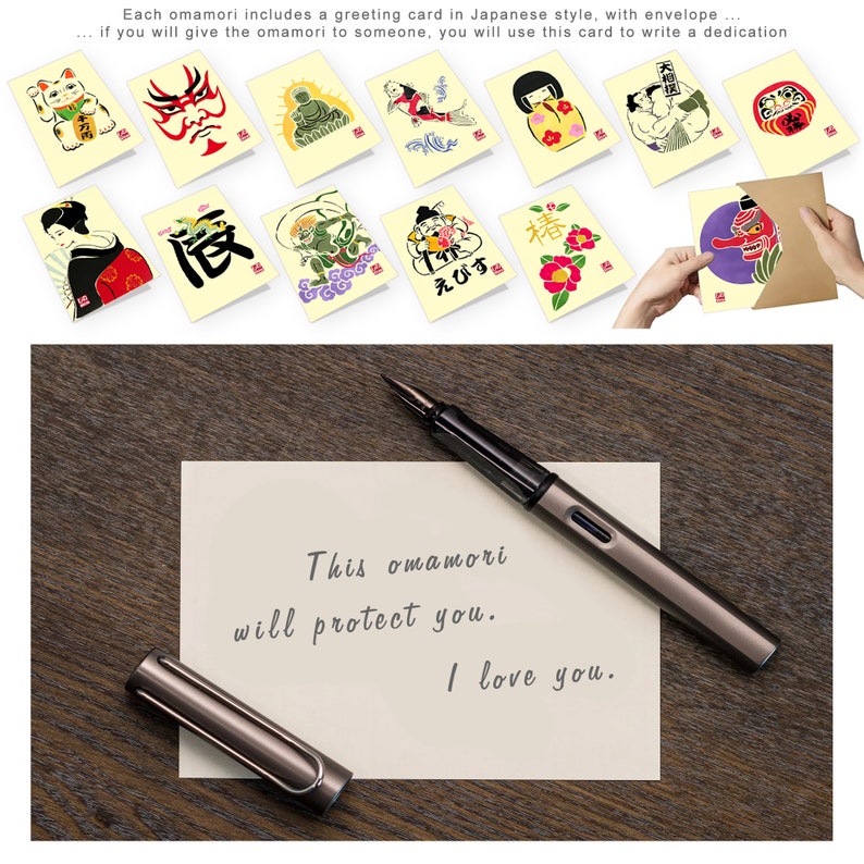 Puede incluir: Una tarjeta de felicitaci&oacute;n en blanco con el texto "This omamori will protect you. I love you." escrito en tinta negra. La tarjeta est&aacute; sobre una superficie de madera con un bol&iacute;grafo al lado.