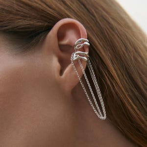 Sculptural Silver 925 Ear Cuff with a chain, Organic Ear Wrap No Piercing, Modern Abstract Ear Cuff