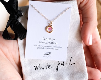 May include: A gold necklace with a small, clear pendant containing a pressed pink flower. The pendant is inscribed with the words "January the carnation". The card also reads "This flower represents fascination, gratitude, and divine love." and is signed "white phil".