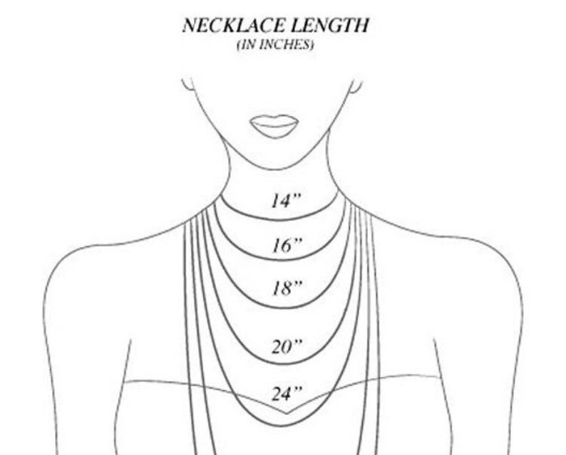 K&ouml;nnte beinhalten: Zeichnung, die Halskettenl&auml;ngen an einem Hals zeigt. Die Abbildung enth&auml;lt Linien, die Halsketten von 14, 16, 18, 20 und 24 Zoll darstellen. Der Text oben lautet "NECKLACE LENGTH (IN INCHES)".