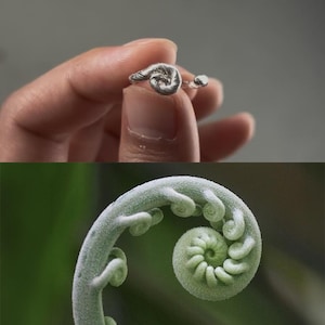 May include: A silver ring featuring a textured, coiled spiral design that mimics the shape of a fiddlehead fern. The metal surface has a matte, organic finish with a small, rounded end detail on the open band, showcasing a sculptural form.