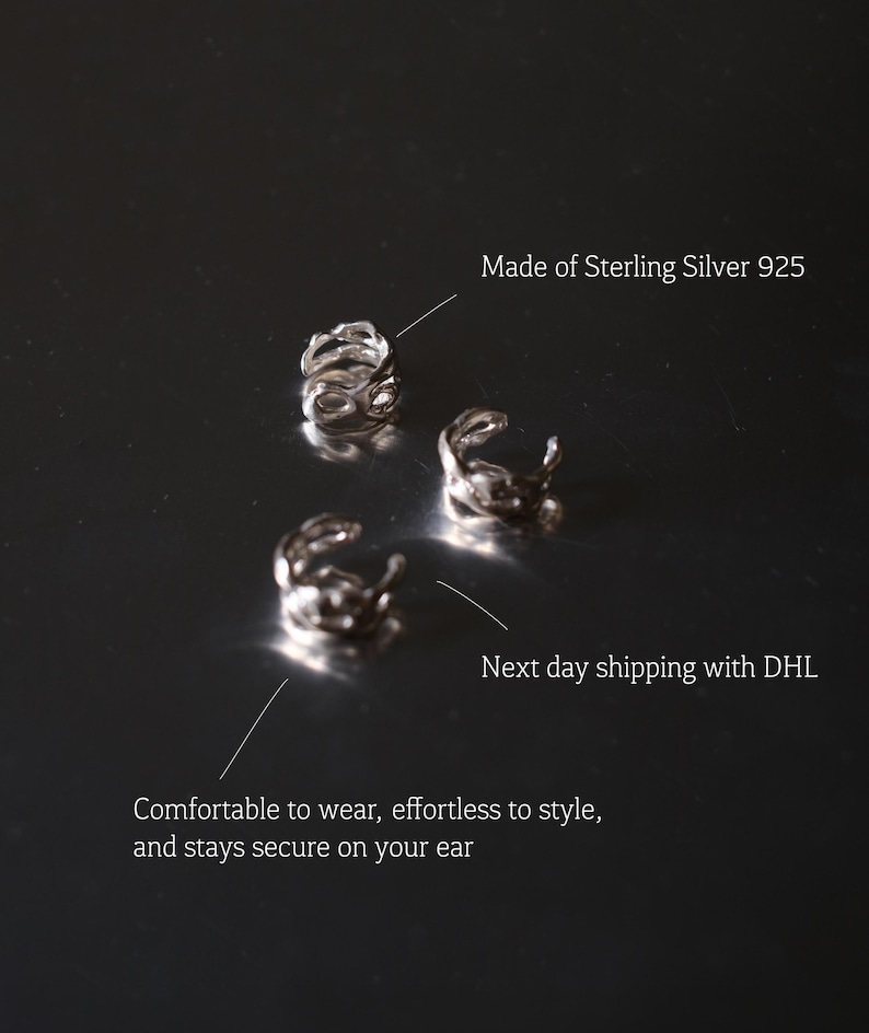 Pu&ograve; includere: Polisini per orecchie in argento realizzati in argento sterling 925. I polsini per orecchie sono progettati per essere comodi da indossare e facili da acconciare. Il testo nell'immagine dice che rimangono saldi sull'orecchio.