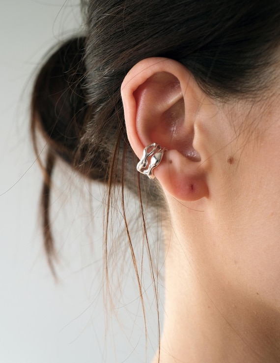Sculptural Silver Ear Cuff, Organic Ear Wrap No Piercing, Minimalist Statement Jewelry, Sterling Silver 925, Modern Abstract Ear Cuff