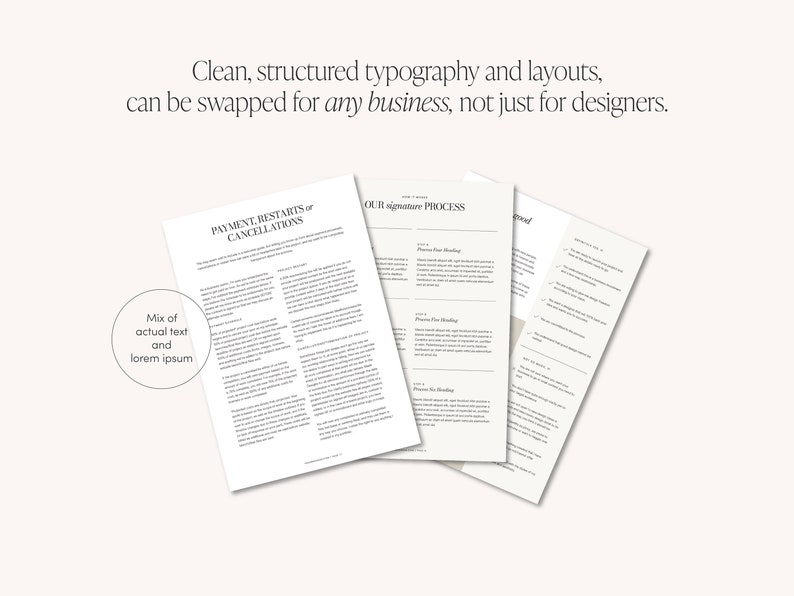 May include: Three pages of a document with a white background and black text. The first page is titled "Payment, Restarts or Cancellations". The second page is titled "Our Signature Process". The third page is titled "General".