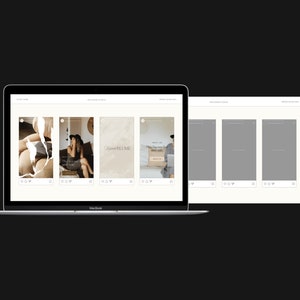 K&ouml;nnte beinhalten: Ein Laptop-Bildschirm zeigt eine Website mit einem Raster aus f&uuml;nf Instagram-Posts. Die Posts zeigen eine Frau in einem schwarzen Kleid, eine Frau in einem wei&szlig;en Kleid, eine Frau in einem schwarzen Kleid, eine Frau in einem wei&szlig;en Kleid und eine Frau in einem schwarzen Kleid. Die Posts drehen sich alle um Mode und Stil.