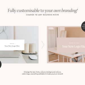 May include: Two images showing how to customize a logo design template. The first image shows a laptop with a white background and a white rectangle with the text "Your New Logo Files". The second image shows a table with a light pink background and a white rectangle with the text "Your New Logo Files".