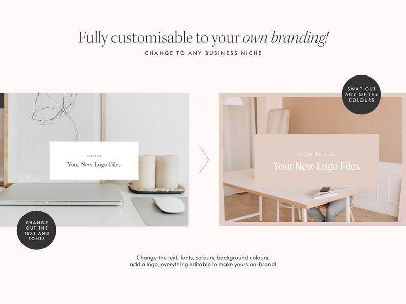 May include: Two images showing how to customize a logo design template. The first image shows a laptop with a white background and a white rectangle with the text "Your New Logo Files". The second image shows a table with a light pink background and a white rectangle with the text "Your New Logo Files".