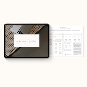 May include: A tablet screen displaying a guide on how to use new logo files. The guide includes a title "How to Use Your New Logo Files" and a visual representation of a folder structure with different file types.