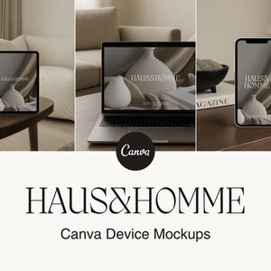 Puede incluir: Una maqueta de tres dispositivos: una computadora portátil, un teléfono inteligente y una tableta. Cada dispositivo muestra un sitio web con el texto "Haus & Homme" y un diseño minimalista con un jarrón blanco y un fondo beige. Los dispositivos están dispuestos sobre una mesa de madera con una revista y un jarrón decorativo.