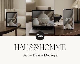 Modern Minimalist Device Mockup Bundle | AI-Generated Canva Phone, iPad & Laptop Scenes | Wabi Sabi Interiors for Creatives