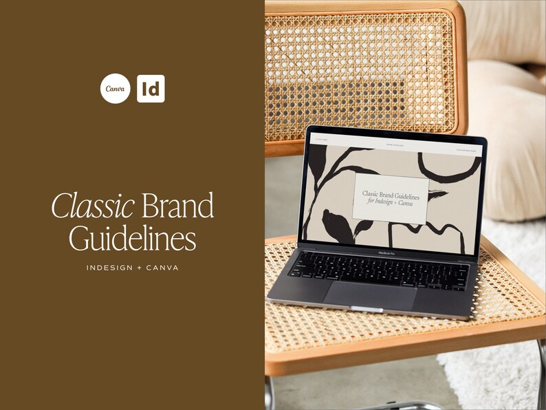 K&ouml;nnte beinhalten: Ein Laptop-Computer, auf dem eine Website mit dem Text "Classic Brand Guidelines for InDesign + Canva" angezeigt wird. Die Website hat einen beigefarbenen Hintergrund mit schwarzen abstrakten Formen.