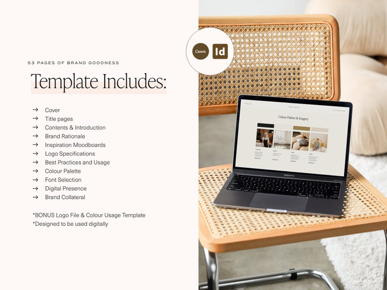 K&ouml;nnte beinhalten: Ein Laptop-Computer, der auf einer Website mit dem Text "Colour Palettes & Imagery" ge&ouml;ffnet ist, auf einem hellbraunen Korbstuhl. Der Laptop steht auf einem kleinen Korbtisch mit einem verchromten Untergestell.
