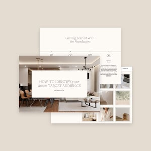 Puede incluir: Un libro de trabajo titulado "Cómo identificar a tu público objetivo ideal" con una foto de un interior de sala de estar moderno. El libro de trabajo forma parte de una guía más amplia titulada "Empezar con los cimientos".