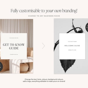 May include: Two customizable social media templates for a welcome guide or get-to-know guide. The first template features a beige background with a white rectangle containing the text "GET-TO-KNOW GUIDE" and the text "YOUR BUSINESS NAME HERE" above it. The second template features a black and white image of a leaf with a white rectangle containing the text "WELCOME GUIDE" and the text "YOUR BIZ NAME" above it. Both templates have a white background.