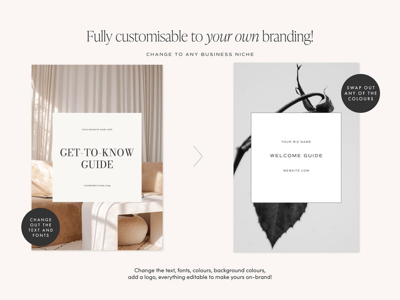 May include: Two customizable social media templates for a welcome guide or get-to-know guide. The first template features a beige background with a white rectangle containing the text "GET-TO-KNOW GUIDE" and the text "YOUR BUSINESS NAME HERE" above it. The second template features a black and white image of a leaf with a white rectangle containing the text "WELCOME GUIDE" and the text "YOUR BIZ NAME" above it. Both templates have a white background.