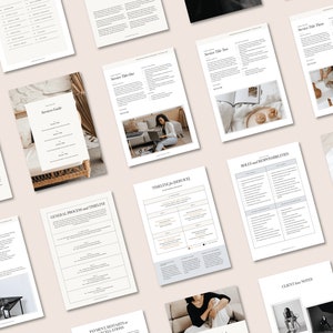 May include: A collection of white pages with text and images. The pages are laid out on a light brown surface. The pages contain information about services, timelines, roles and responsibilities, project expectations, client notes, and general process and timeline.