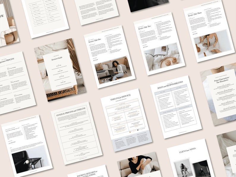 May include: A collection of white pages with text and images. The pages are laid out on a light brown surface. The pages contain information about services, timelines, roles and responsibilities, project expectations, client notes, and general process and timeline.
