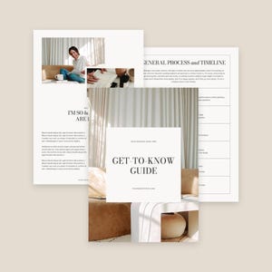 May include: A white and brown guide with the text "Get-to-Know Guide" and the website address "yourwebsitehere.com". The guide is on a brown and white surface with a white vase.