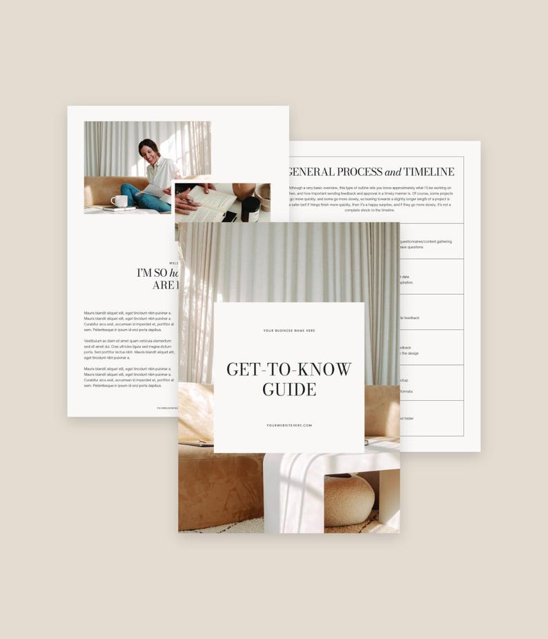 May include: A white and brown guide with the text "Get-to-Know Guide" and the website address "yourwebsitehere.com". The guide is on a brown and white surface with a white vase.