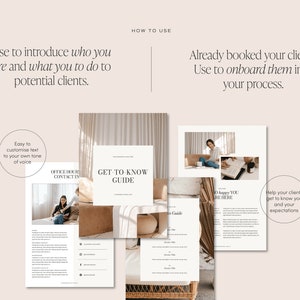 May include: A set of four printable guides for onboarding new clients. The guides are titled "Office Hours Contact Info", "Get-to-Know Guide", "So Happy You're Here", and "Help Your Clients Get to Know You and Your Expectations".