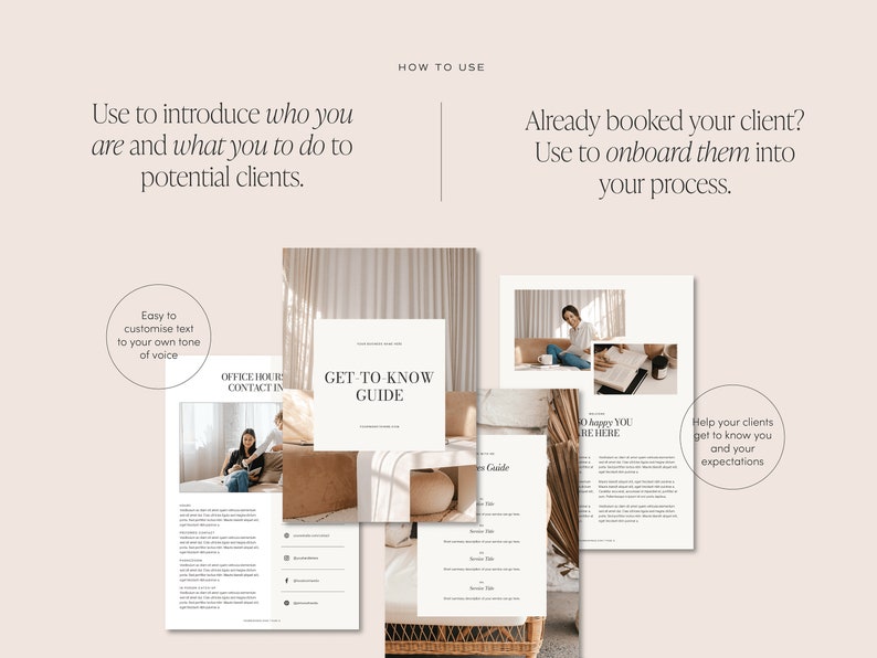 May include: A set of four printable guides for onboarding new clients. The guides are titled "Office Hours Contact Info", "Get-to-Know Guide", "So Happy You're Here", and "Help Your Clients Get to Know You and Your Expectations".