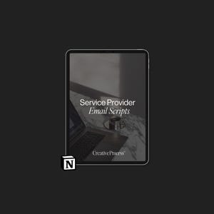May include: A digital tablet displaying a document titled "Service Provider Email Scripts" with the text "CreativeProcess" at the bottom. The tablet is on a marble surface with a laptop and a cup of coffee.