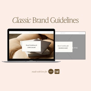 K&ouml;nnte beinhalten: Ein Laptop-Computer, auf dem eine Website mit dem Text "Brand Guidelines for LOREN & BLUME" und "Brand Guidelines for [BUSINESS NAME]" auf grauem Hintergrund angezeigt wird. Die Website ist minimalistisch gestaltet und zeigt ein Foto eines Stapels B&uuml;cher auf einer beigefarbenen Oberfl&auml;che.