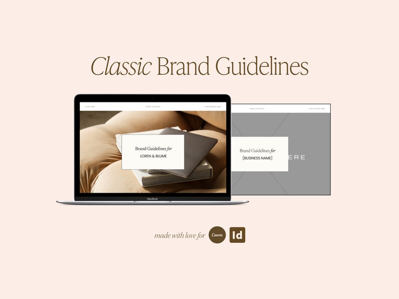 K&ouml;nnte beinhalten: Ein Laptop-Computer, auf dem eine Website mit dem Text "Brand Guidelines for LOREN & BLUME" und "Brand Guidelines for [BUSINESS NAME]" auf grauem Hintergrund angezeigt wird. Die Website ist minimalistisch gestaltet und zeigt ein Foto eines Stapels B&uuml;cher auf einer beigefarbenen Oberfl&auml;che.