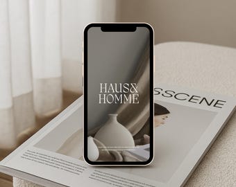 09 iPhone Mockup for Canva – Wabi Sabi Aesthetic Phone Scene, Neutral Interior Apple Display, Modern Minimal Branding Template