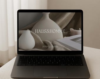 No.10 MacBook Mockup for Canva – Wabi Sabi Interior Laptop Scene, Neutral Modern Branding Display, Contemporary Apple Screen Template
