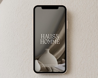 06 iPhone Mockup for Canva – Wabi Sabi Aesthetic Phone Scene, Neutral Interior Apple Display, Modern Minimal Branding Template