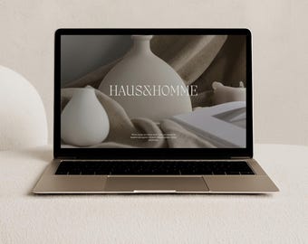 05 MacBook Mockup for Canva – Wabi Sabi Interior Laptop Scene, Neutral Modern Branding Display, Contemporary Apple Screen Template