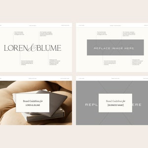 K&ouml;nnte beinhalten: Markenrichtlinien f&uuml;r Loren & Blume, ein Unternehmen mit minimalistischer &Auml;sthetik. Das Logo zeigt eine Schriftart mit einer zarten Verzierung. Die Richtlinien werden auf einem hellgrauen Hintergrund mit einem geometrischen Muster pr&auml;sentiert.