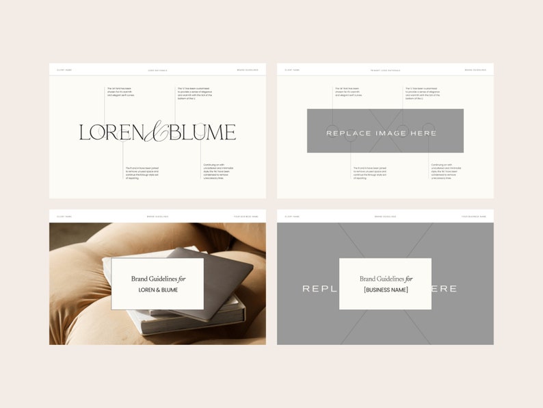 K&ouml;nnte beinhalten: Markenrichtlinien f&uuml;r Loren & Blume, ein Unternehmen mit minimalistischer &Auml;sthetik. Das Logo zeigt eine Schriftart mit einer zarten Verzierung. Die Richtlinien werden auf einem hellgrauen Hintergrund mit einem geometrischen Muster pr&auml;sentiert.