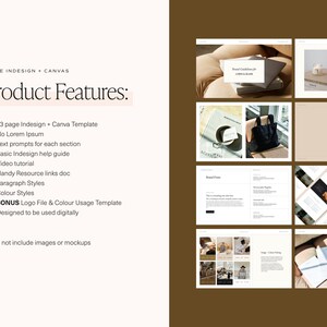 K&ouml;nnte beinhalten: Ein Mockup eines 53-seitigen InDesign Canva-Templates f&uuml;r Markenrichtlinien. Die Vorlage enth&auml;lt Abschnitte f&uuml;r Markenfarben, Schriftarten und Fotografie. Die Vorlage ist f&uuml;r die digitale Verwendung konzipiert.