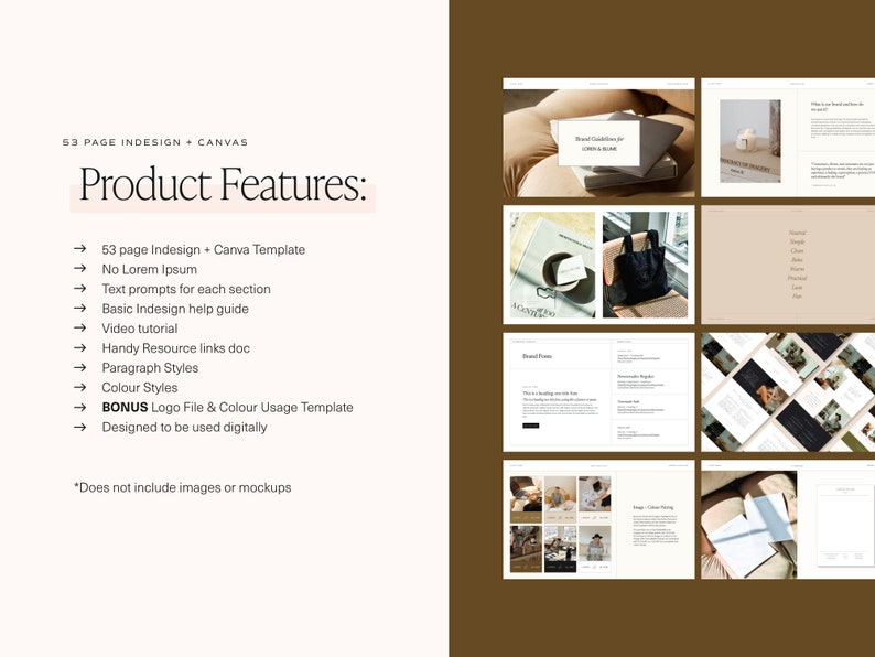K&ouml;nnte beinhalten: Ein Mockup eines 53-seitigen InDesign Canva-Templates f&uuml;r Markenrichtlinien. Die Vorlage enth&auml;lt Abschnitte f&uuml;r Markenfarben, Schriftarten und Fotografie. Die Vorlage ist f&uuml;r die digitale Verwendung konzipiert.