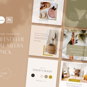 May include: Eight square social media templates with a beige background. The templates feature images of a beach house, a straw basket, a palm tree, a woman wearing a hat, and a room with a closet. The text on the templates includes "The Lifestyler Social Media Pack", "Travel through the European countryside", "Spread the Word", "Today's Mood", and "Moving into my new apartment".