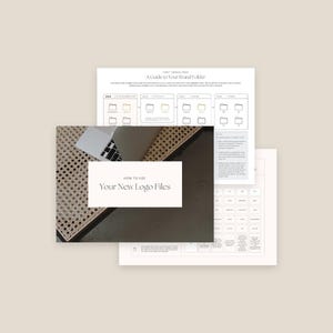 May include: A guide to using new logo files, with instructions on how to organize and use different file types. The guide includes a laptop computer on a woven wicker surface, and a text box that says "How to Use Your New Logo Files".