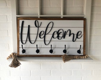 Shiplap Welcome Sign | Home Decor | Housewarming Gift | Entry Sign | Entry Sign with Hooks | Black metal Hooks