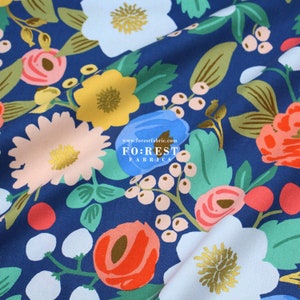 Cotton Linen Canvas - Rifle Paper Co Cotton and steel fabric - Vintage Garden Blossom Navy - 50cm