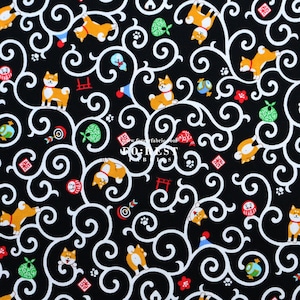 cotton - Shiba Inu dogs Japanese Traditional Karakusa fabric Black -50cm